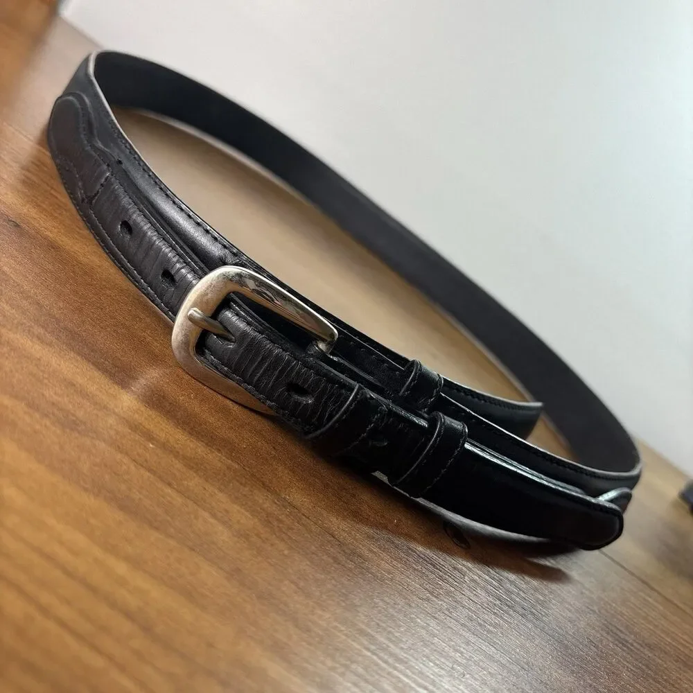 VTG CABELA'S Leather Ranger Belt Sz 42 Leather Smooth Black Brass Buckle Flaw